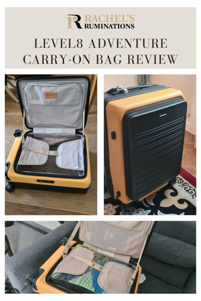 Text: Level8 Adventure carry-on bag review. Images: 3 photos of the suitcase.